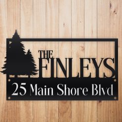 Pine Trees Metal Name Sign with address wood background