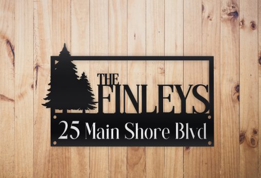 Pine Trees Metal Name Sign with address wood background